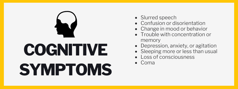 Cognitive Symptoms: Slurred speech, Confusion or disorientation, Change in mood or behavior, Trouble with concentration or memory, Depression, anxiety, or agitation, Sleeping more or less than usual, Loss of consciousness, Coma.